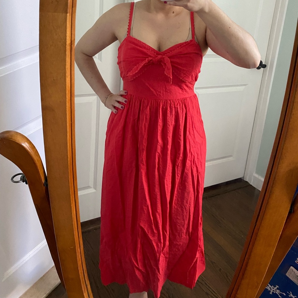 💃🏻tie front midi dress vibrant coral red adjustable straps cotton blend summer M - Picture 14 of 15